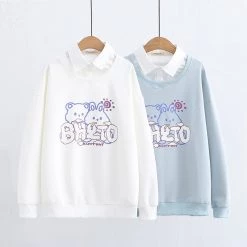 Juwas Bear Letters Print Fake Two Piece Sweatshirt CLOTHING
