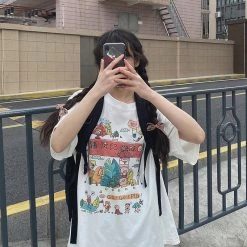 Juwas Cartoon Print Loose Cotton T-shirt