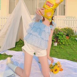 Juwas Blue Flower Polka Dot Ruffle Sleeveless Blouse