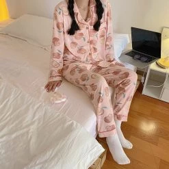 Juwas Sweet Plum Peach Print Long Sleeve Pajama Set CLOTHING