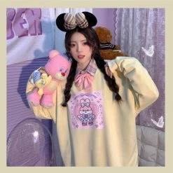 Juwas Bunny Bow Tie Printed Sweatshirt CLOTHING