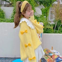 Juwas Yellow Knitted Ribbon Sleeve Collared Sweater NEW ARRIVAL