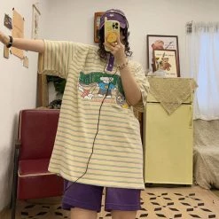 Juwas Vintage Cartoon Embroidery Stripe Loose T-shirt