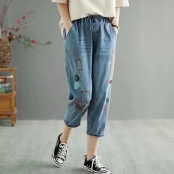 Juwas Retro Embroidery Loose Elastic Waist Jean NEW ARRIVAL