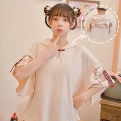 Juwas Japanese Lucky Cat Khaki Hooded Top