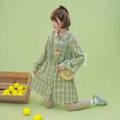 Juwas NEW ARRIVAL Kawaii Green Checkered Dress With Crop Top Jumper