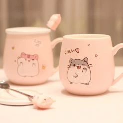 Juwas Pastel Pink Hamster Mug With Lid And Spoon