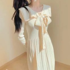 Juwas NEW ARRIVAL Sailor Collar Bowknot Long Knitted Dress