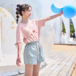 Juwas NEW ARRIVAL Kawaii Faded Denim Jogger Shorts