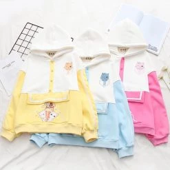 Juwas Cute Kitty Print Button Pocket Warm Hoodie CLOTHING