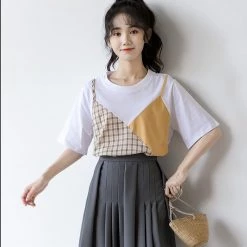 Juwas Plaid Color Block Round Collar T-shirt