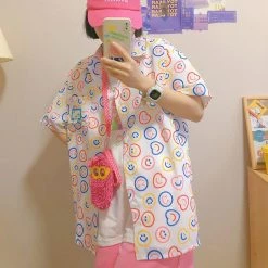 Juwas NEW ARRIVAL Vintage Smile Print Loose Short Sleeve Shirt 10 Juwas NEW ARRIVAL Vintage Smile Print Loose Short Sleeve Shirt