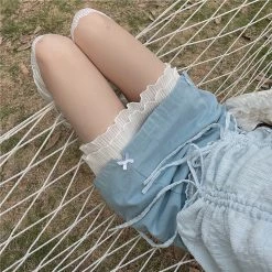 Juwas Ribbon Lace Up Ruffle High Waisted Denim Skirt