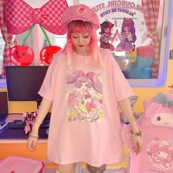Juwas Sweet Animal Girl Print Loose Pink T-shirt