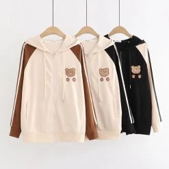 Juwas Bear Embroidery Zip Up Hooded Jacket
