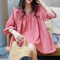 Juwas Vintage Red White Plaid Sleeve Shirt