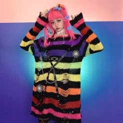 Juwas CLOTHING Punk Stripe Ripped Loose Sweater