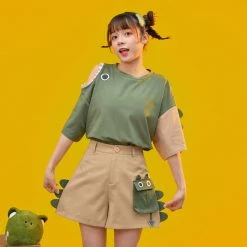 Juwas Kawaii Green Dinosaur Shirt And Khaki Shorts Set NEW ARRIVAL