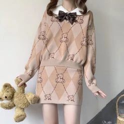 Juwas NEW ARRIVAL Vintage Cute Bear Diamond Pattern Sweater Skirt Set