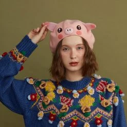 Juwas NEW ARRIVAL Pink Piggy Handmade Wool Beret