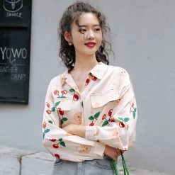 Juwas Vintage Style Cherries Long Sleeve Shirt