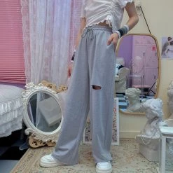 Juwas High Waist Ripped Loose Trouser