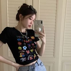 Juwas NEW ARRIVAL Life Is Beautiful Letter Cartoon Print Short T-shirt