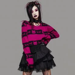 Juwas Gothic Cat Black Pink Knitted Sweater Top CLOTHING