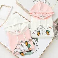 Juwas Cute Cartoon Rabbit Carrot Print Lace Up Hoodie CLOTHING
