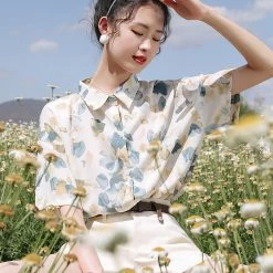 Juwas Vintage Style Leaves Printed Short Sleeve Shirt NEW ARRIVAL