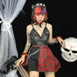 Juwas Gothic Punk Red Plaid Irregular Mini Skirt NEW ARRIVAL