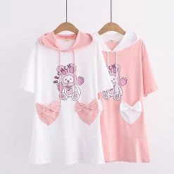 Juwas NEW ARRIVAL Bear Rabbit Print Drawstring Pockets Short Dress