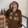 Juwas Brown Letters Embroidery Zip Up Hoodie NEW ARRIVAL