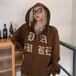 Juwas Brown Letters Embroidery Zip Up Hoodie NEW ARRIVAL