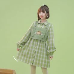 Juwas NEW ARRIVAL Kawaii Green Checkered Dress With Crop Top Jumper