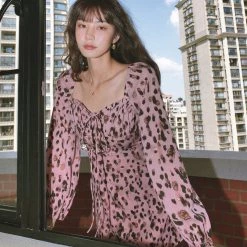 Juwas CLOTHING Pink Leopard Bell Long Sleeve Mini Dress