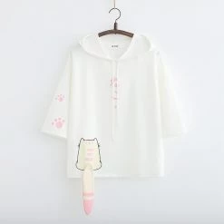 Juwas Cute Cat Tail Drawstring Hooded T-shirt