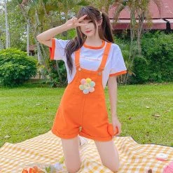 Juwas Flower Pocket Orange Denim Overalls CLOTHING