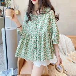 Juwas NEW ARRIVAL Vintage Floral Round Collar Loose Cotton Shirt