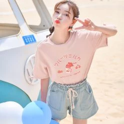 Juwas NEW ARRIVAL Kawaii Faded Denim Jogger Shorts