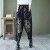 Juwas Letter Printed Faded Elasticity Waist Jeans