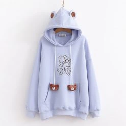 Juwas Bear Embroidery Drawstring Warm Hoodie CLOTHING