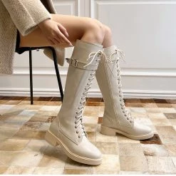 Juwas Chic Round Toe Knee High Lace Boots Shoes