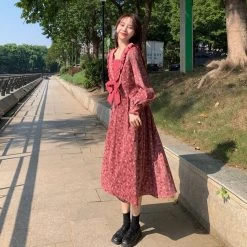 Juwas NEW ARRIVAL Flower Bow V-Neck Midi Dress