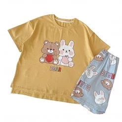 Juwas NEW ARRIVAL Bear And Rabbit Print Summer Cotton Pajamas Set