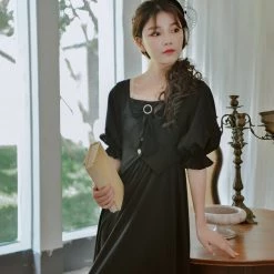 Juwas Black Victorian Ruffled A-Line Midi Dress