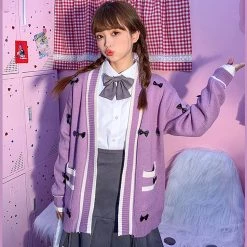 Juwas Pastel Small Bow Front Pocket Loose Cardigan