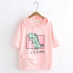 Juwas NEW ARRIVAL Cartoon Dinosaur Japanese Letters Print Front Pocket T-shirt