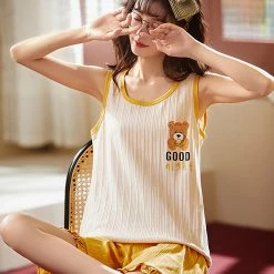 Juwas Cartoon Bear Embroidery Summer Pajamas