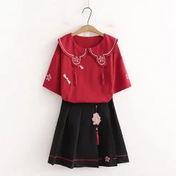 Juwas Flowers Embroidery T-Shirt Skirt Set CLOTHING